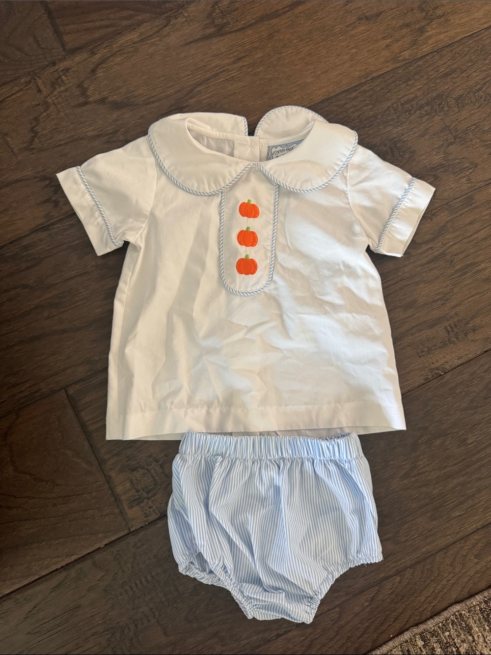 Three sisters Top & Blue Stripe Bloomer Set with Orange Pumpkin Embroidery